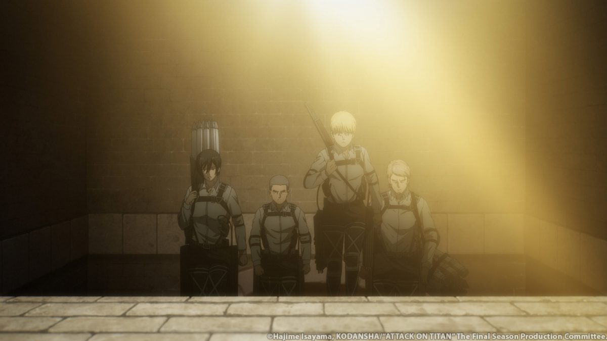 Mikasa, Conny, Armin et Jean montent les escaliers dans