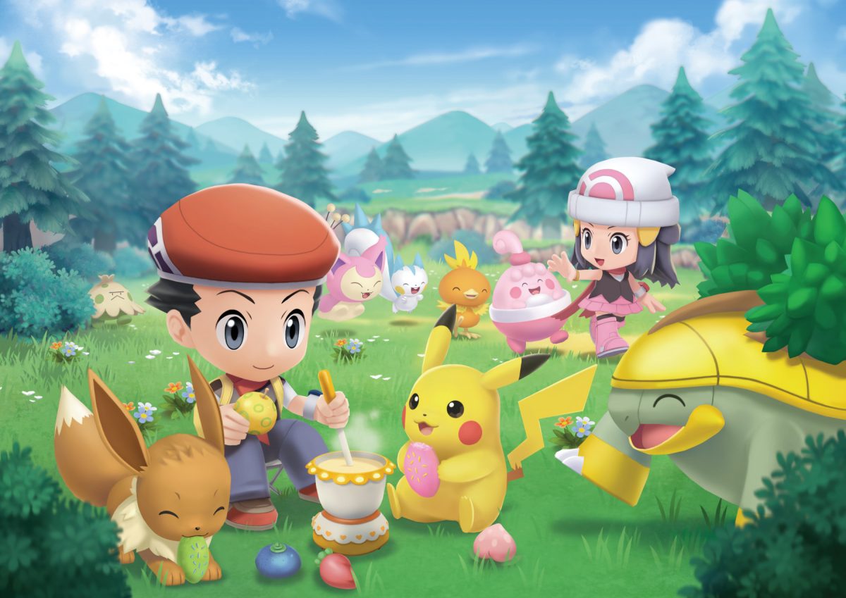 Art clé pour 'Pokémon Brilliant Diamond' et 'Pokémon Shining Pearl.  Il voit les avatars masculins et féminins du jeu manger avec Pikachu, Évoli et d'autres Pokémon.