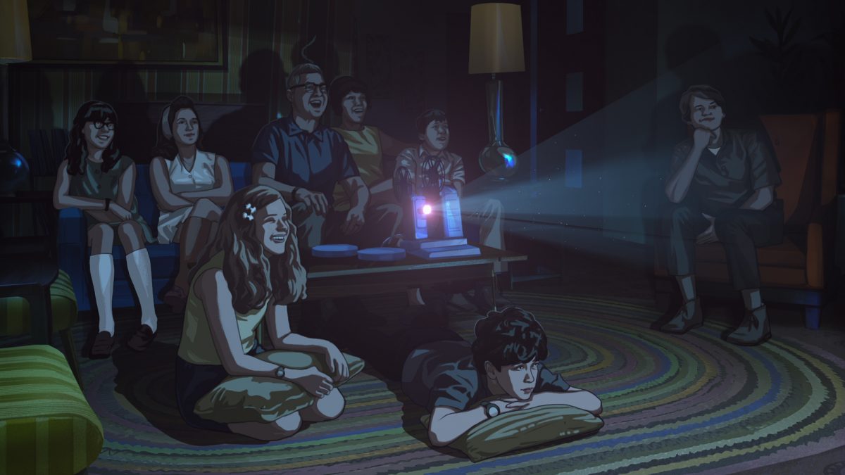 'Apollo 10½_ A Space Age Childhood' Stanley (exprimé par Milo Coy) et sa famille regardent un projecteur autour du canapé dans une pièce sombre
