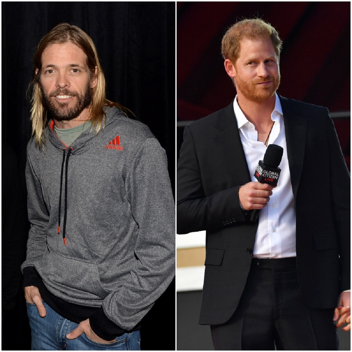 (L) le batteur des Foo Fighters Taylor Hawkins, que le prince Harry a frappé une fois, pose pour une photo lors d'un concert, (R) le prince Harry sur scène à Global Citizen Live