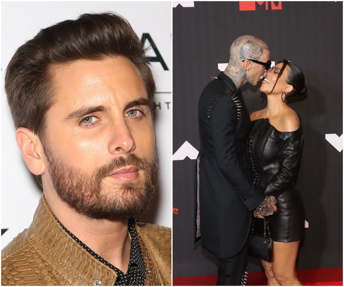 Un gros plan du visage de Scott Disick à côté d'une image de Travis Barker et Kourtney Kardashian s'embrassant et souriant sur un tapis rouge.