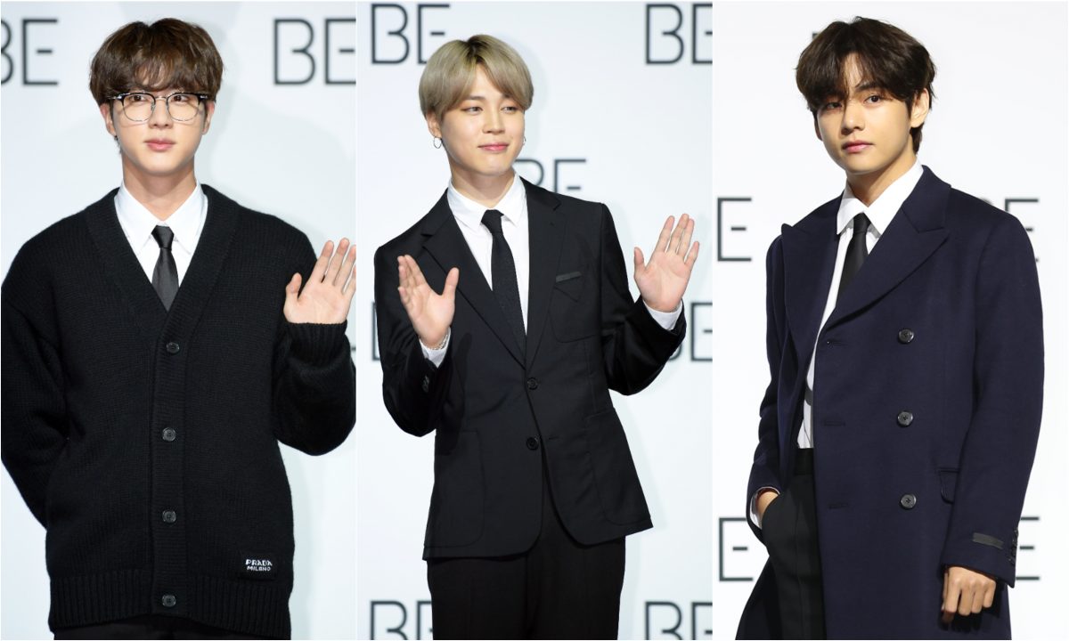Une photo jointe de Jin, Jimin et V de BTS lors de la conférence de presse du groupe pour 'BE"