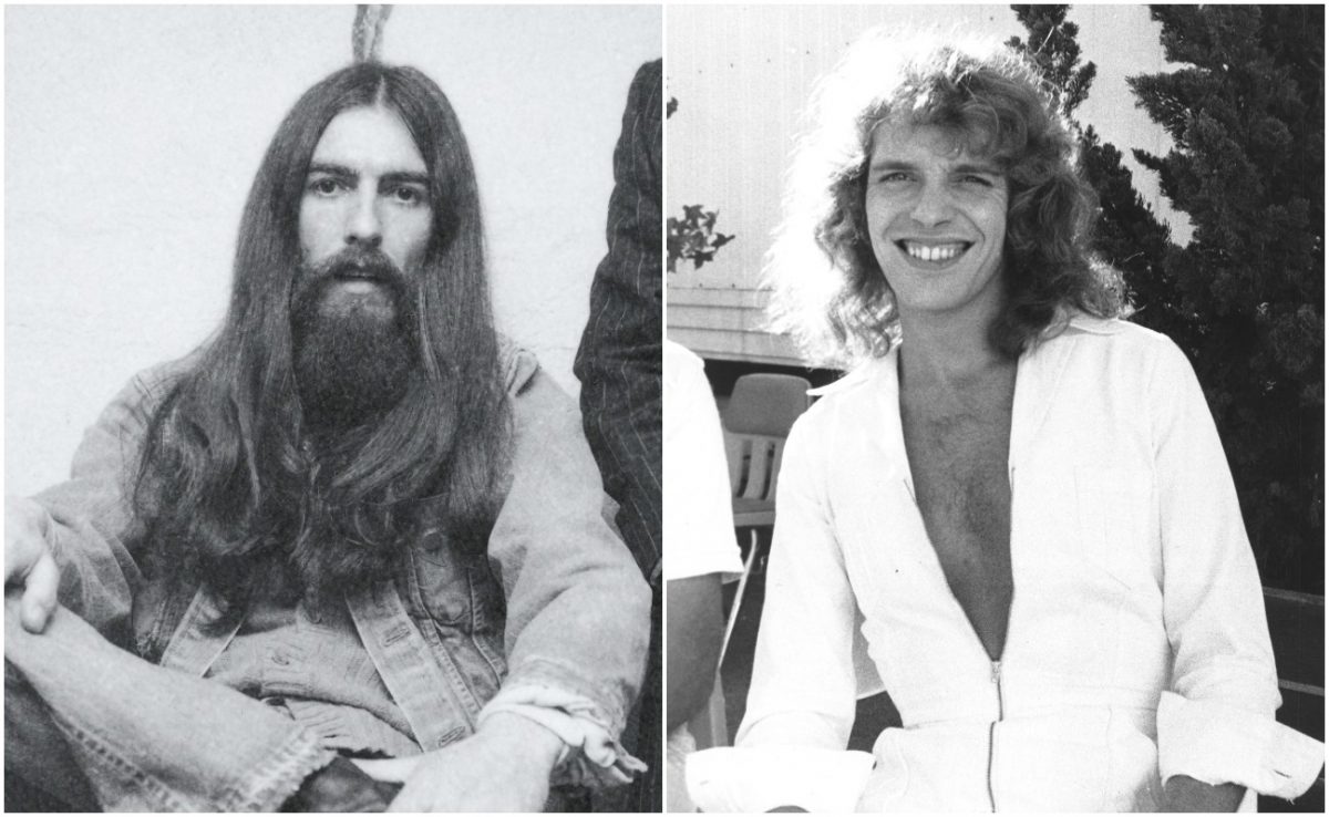 George Harrison aux cheveux longs en 1971 et Peter Frampton en chemise blanche dans les années 1970.