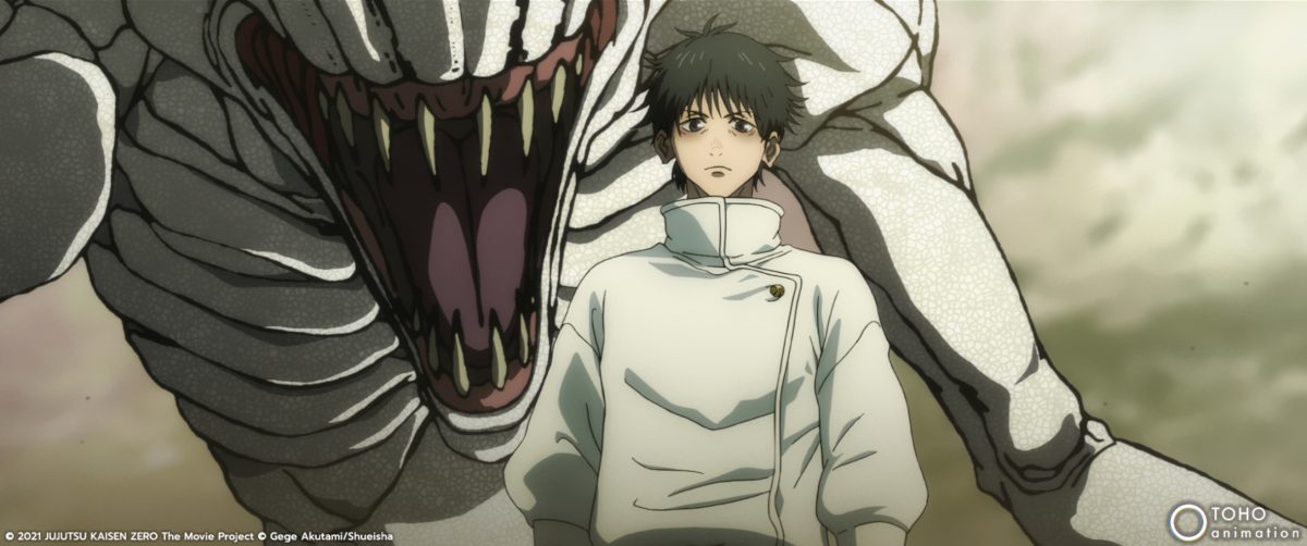 Art clé pour 'Jujutsu Kaisen 0' mettant en vedette Yuta Okkotsu et Rika Orimoto sous sa forme maudite.