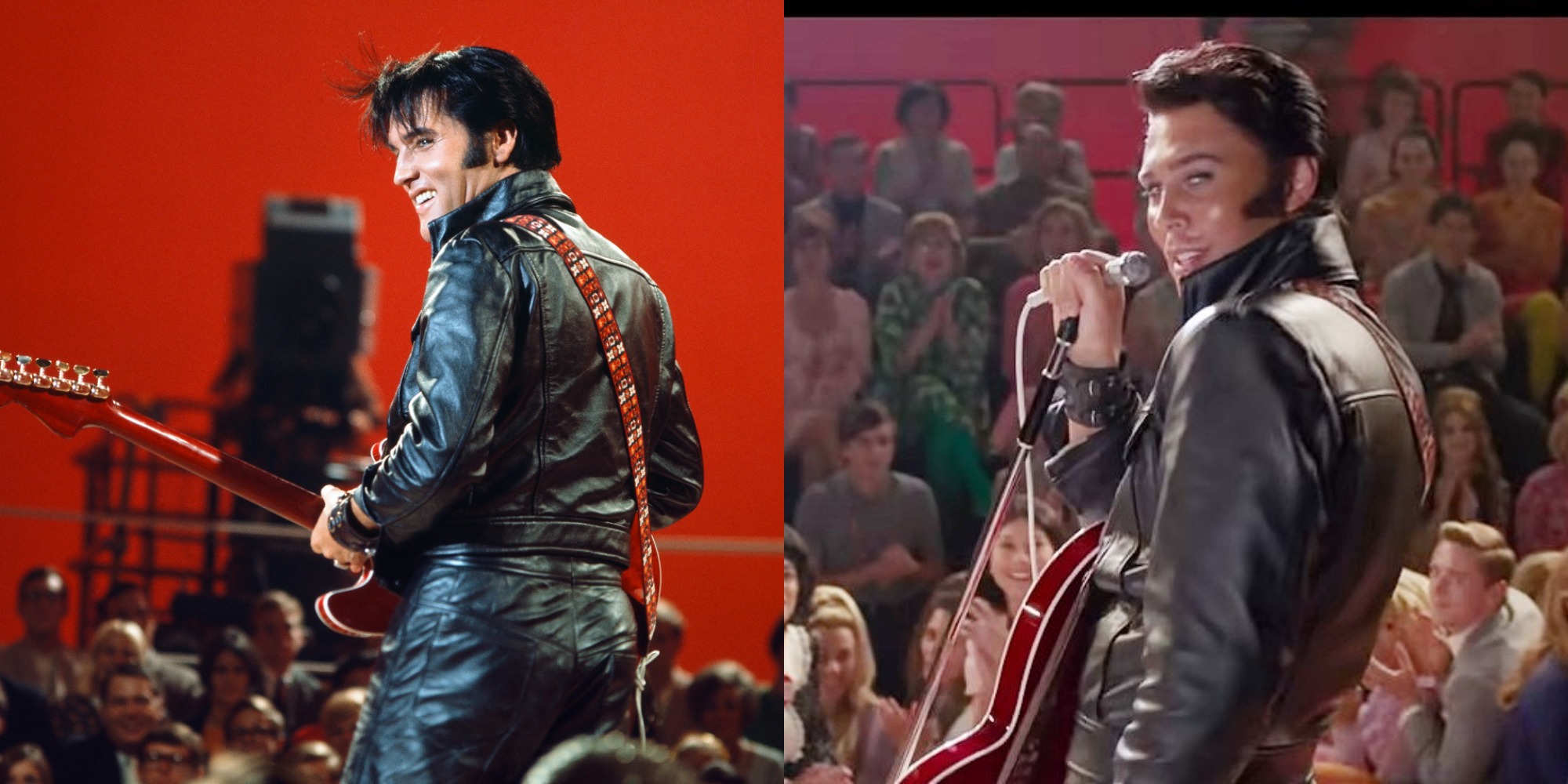 Elvis Presley et Austin Butler dans des photographies côte à côte.