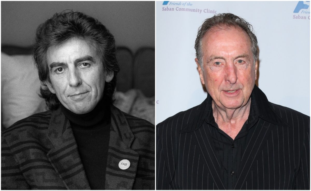 George Harrison posant en costume en 1988 et Eric Idle assistant au 39e dîner de gala annuel de la Saban Community Clinic en 2015.