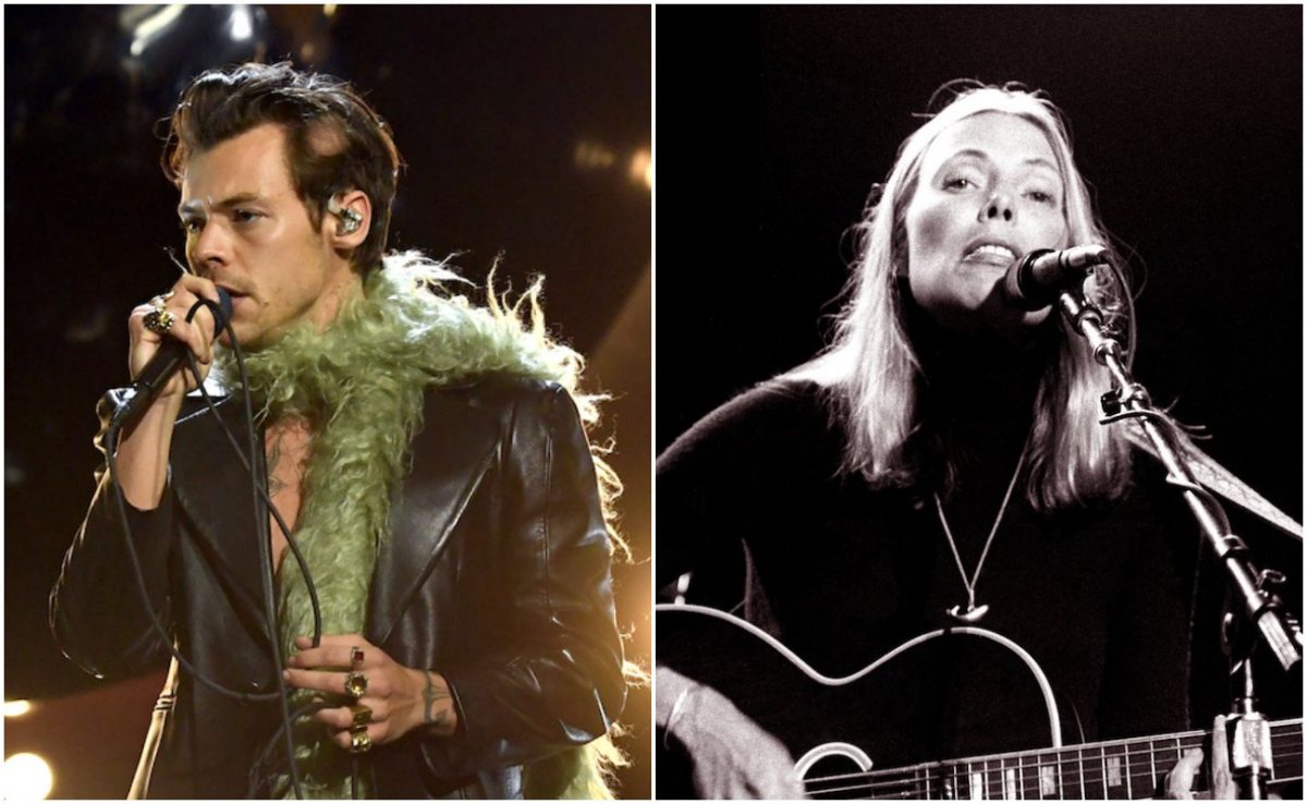 Harry Styles lors des Grammy Awards 2021 et Joni Mitchell lors de "California Celebrates the Whales" en 1976.