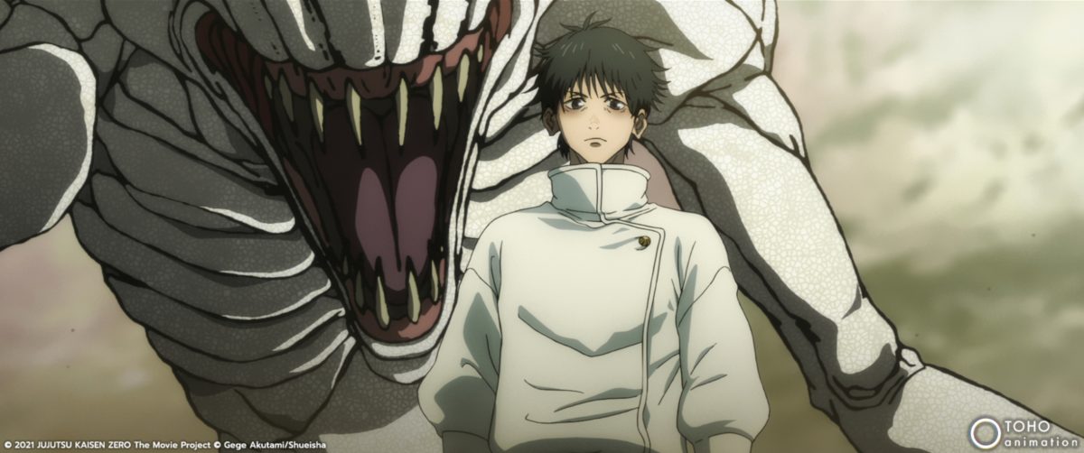 Art clé pour 'Jujutsu Kaisen 0' mettant en vedette Yuta Okkotsu et Rika Orimoto sous sa forme maudite.