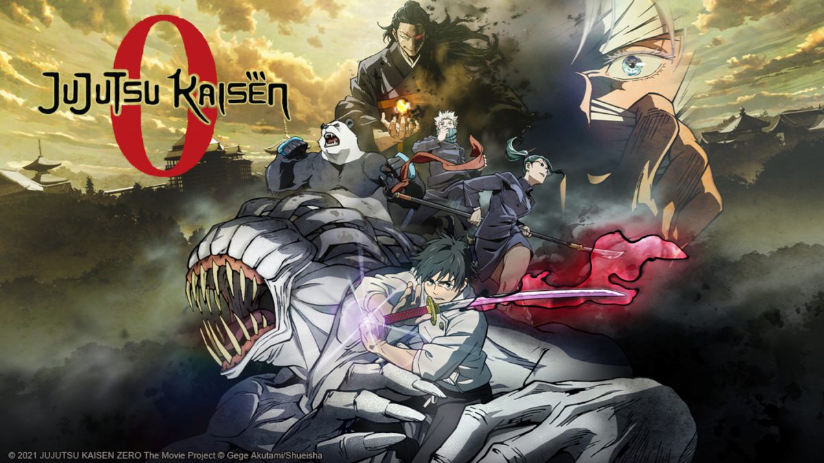 Art clé pour 'Jujutsu Kaisen 0.'  Il présente Yuta, Rika, Gojo et les personnages secondaires du film.
