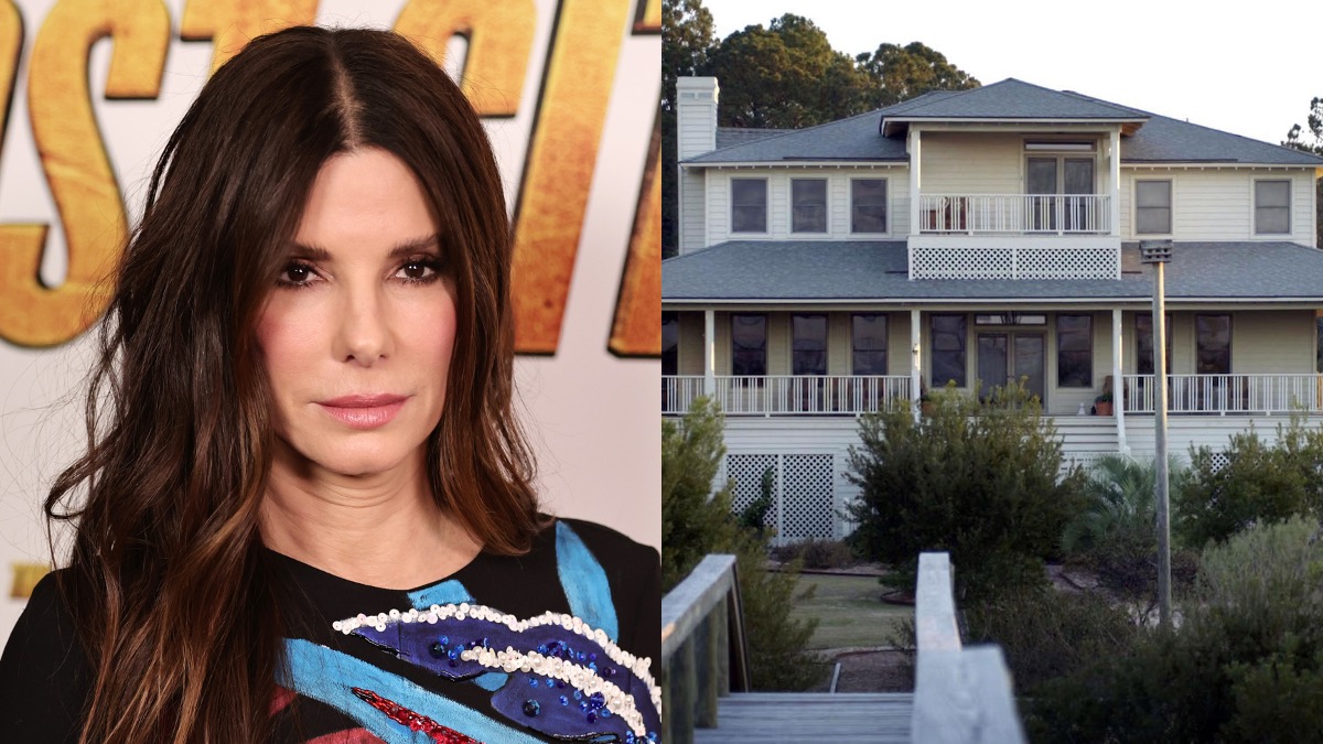 (L) Sandra Bullock pose pour une photo dans une robe colorée (R) Une photo de 2002 de la maison en bord de mer de Géorgie qui appartenait autrefois à Sandra Bullock