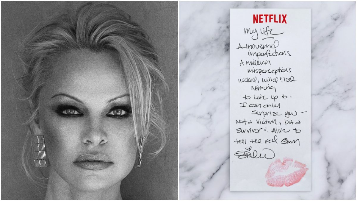 le tir à la tête de Pamela Anderson ;  une note de Pamela Anderson faisant la promotion de son documentaire Netflix