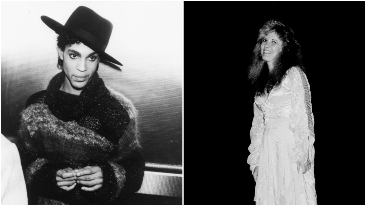 Une photo en noir et blanc du chanteur Prince portant un chapeau et un pull.  Le musicien Stevie Nicks porte une longue robe blanche.
