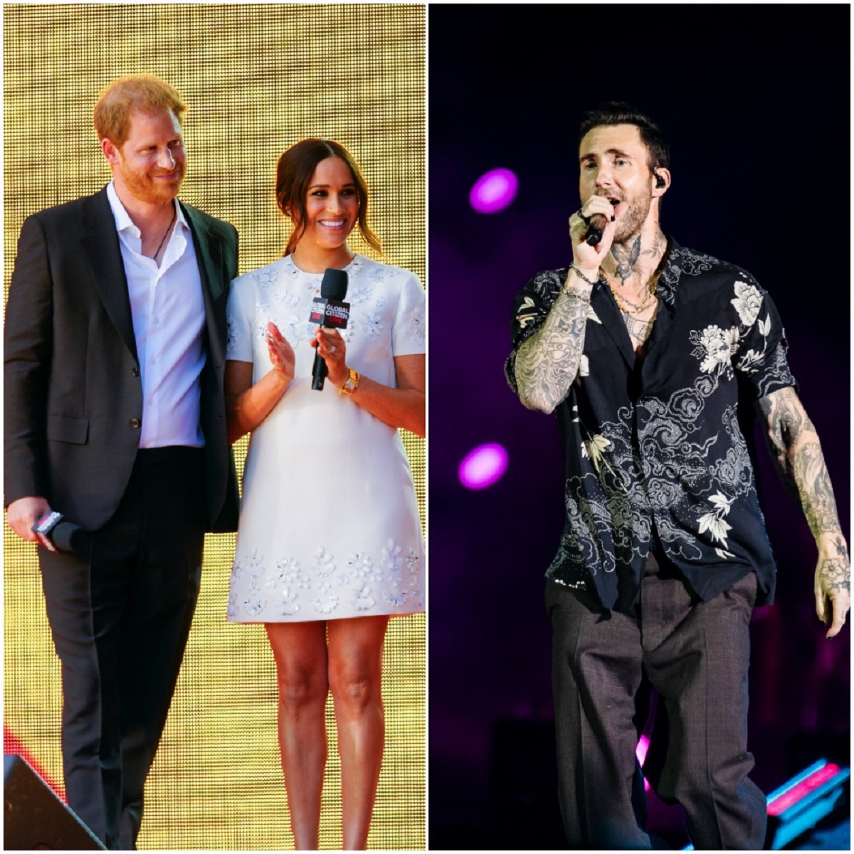 (L) Le prince Harry et Meghan Markle debout sur scène à Global Citizen Live, (R) Adam Levine de Maroon 5, qui est le nouveau voisin de Meghan Markle et du prince Harry, se produisant sur scène