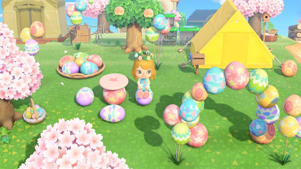 Un villageois d'Animal Crossing: New Horizons est assis parmi les œufs de Bunny Day et les meubles à œufs.