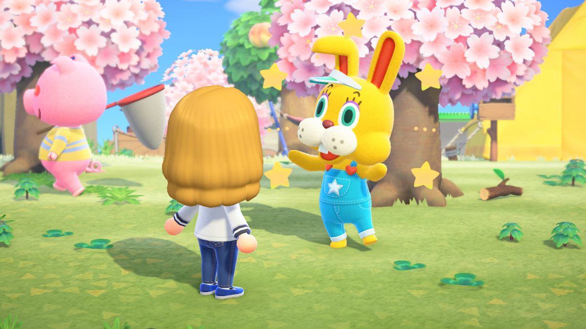Un joueur d'Animal Crossing: New Horizons parle à Zipper T Bunny le jour du lapin.