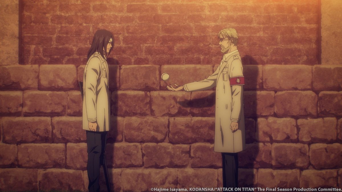 Eren et Zeke Yeager après le saut de temps dans 'Attack on Titan' Saison 4 Partie 1. Zeke lance une balle de baseball sur Eren.