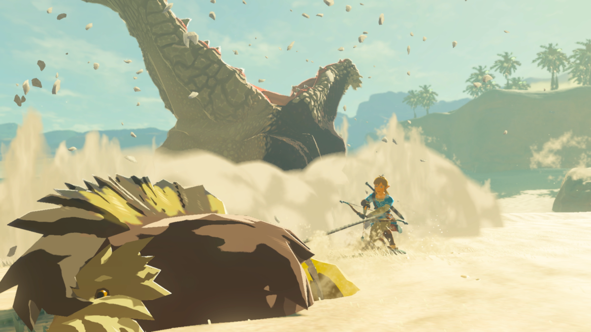 Link Shield Surfing with a Sand Seal loin d'un Molduga dans 'The Legend of Zelda: Breath of the Wild' 