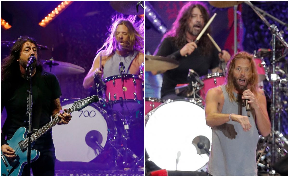 Dave Grohl joue de la guitare et Taylor Hawkins joue de la batterie et Hawkins chante tandis que Grohl joue de la batterie à Lollapalooza Chili 2022.