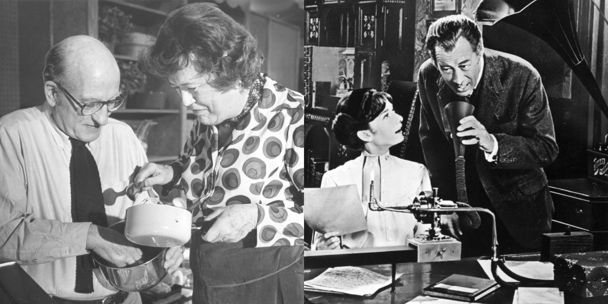 Paul et Julia Child dans un montage photo à côté de My Fair Lady stars Audrey Hepburn et Rex Harrison.