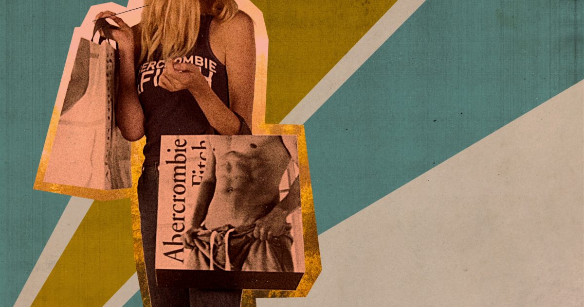 Documentaire Netflix 'White Hot_ The Rise & Fall of Abercrombie & Fitch' tenant des sacs de marque avec un fond graphique