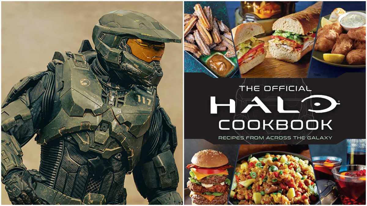 Pablo Schreiber en tant que Master Chief dans la série télévisée Halo // Couverture du livre de cuisine officiel Halo