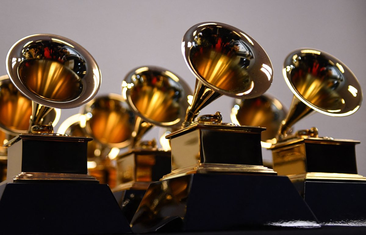 Trophées Grammy Awards vus dans la salle de presse lors de la 64e cérémonie annuelle des Grammy Awards