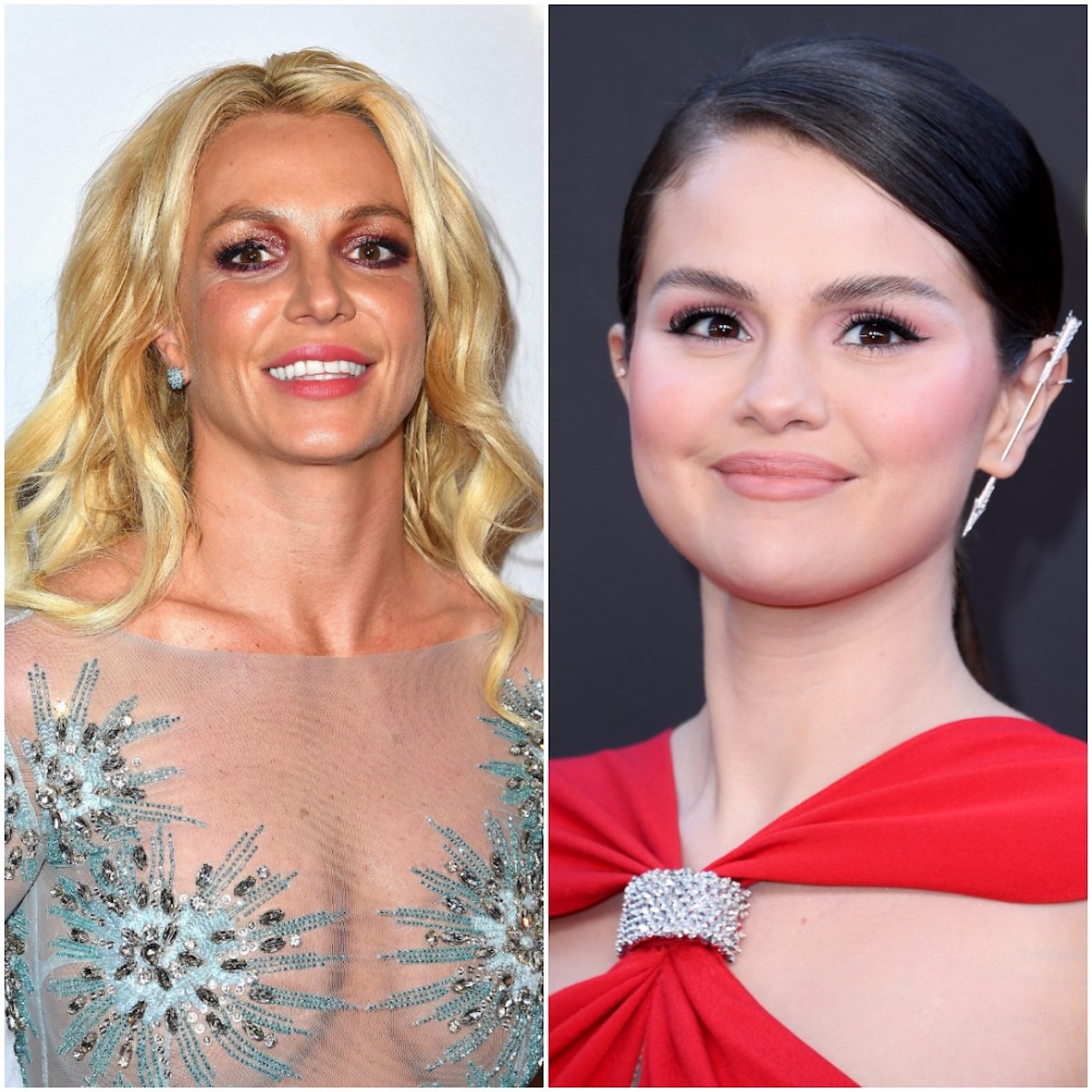 Photos côte à côte de Britney Spears et Selena Gomez souriantes.
