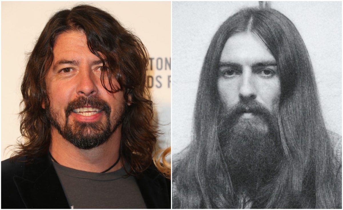 Dave Grohl participant à la soirée de visionnement des Oscars de la Elton John AIDS Foundation 2016.  George Harrison posant en 1971.