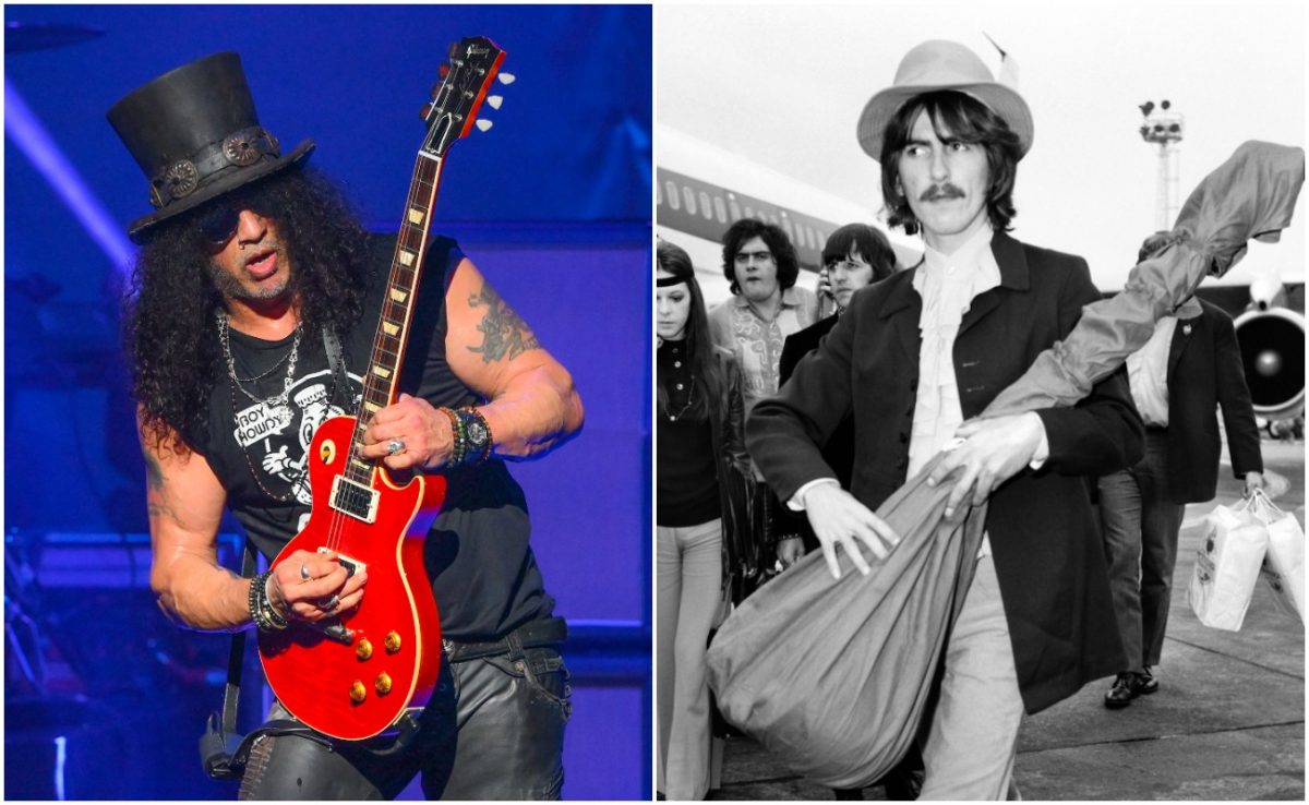 Slash se produisant avec Myles Kennedy & The Conspirators en 2022 et George Harrison avec sitar à l'aéroport d'Heathrow en 1968.