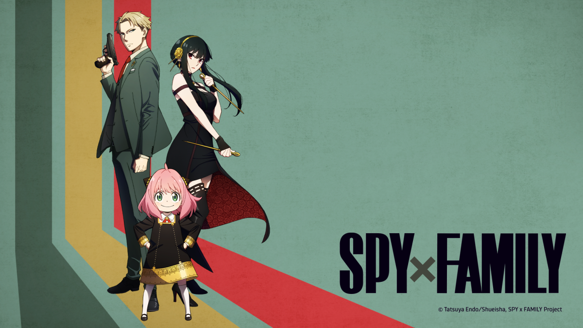 Art clé pour 'Spy x Family' mettant en vedette Loid Forger, Anya Forger et Yor Forger sur fond vert. Le logo de l'émission est sur le côté droit.
