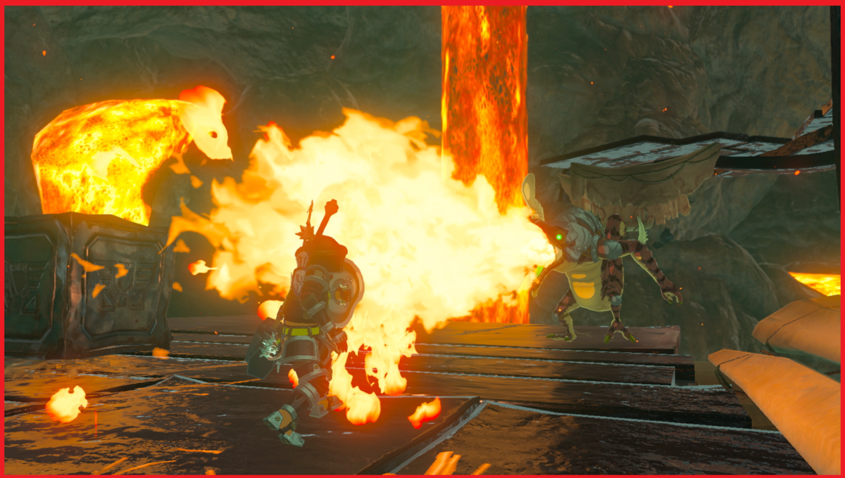 Link en armure résistante à la chaleur combattant un Fire Lizalfos dans 'The Legend of Zelda: Breath of the Wild'
