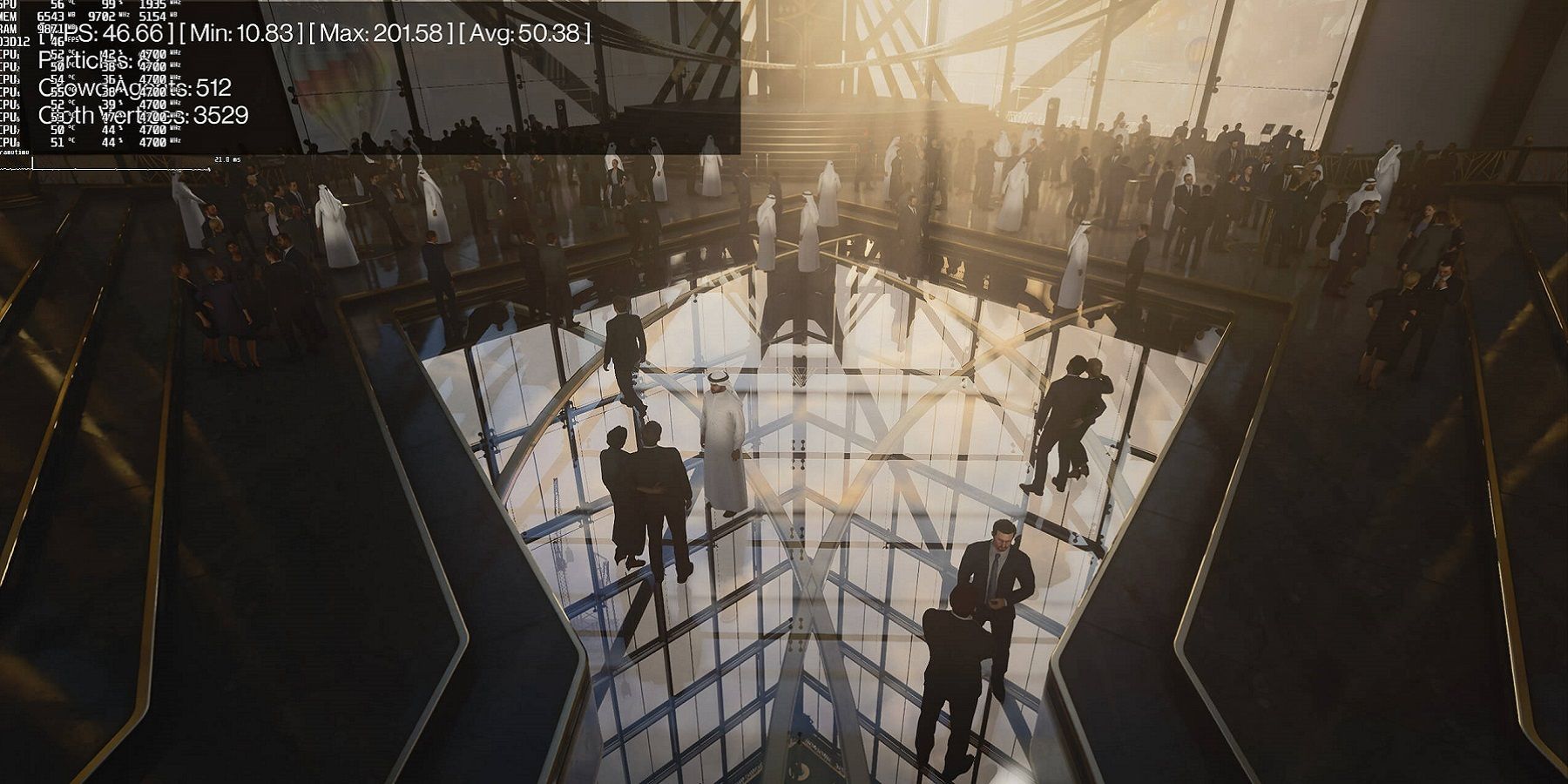 Capture d'écran du niveau de Dubaï dans Hitman 3, montrant les résultats du benchmark de fréquence d'images dans le coin supérieur gauche.