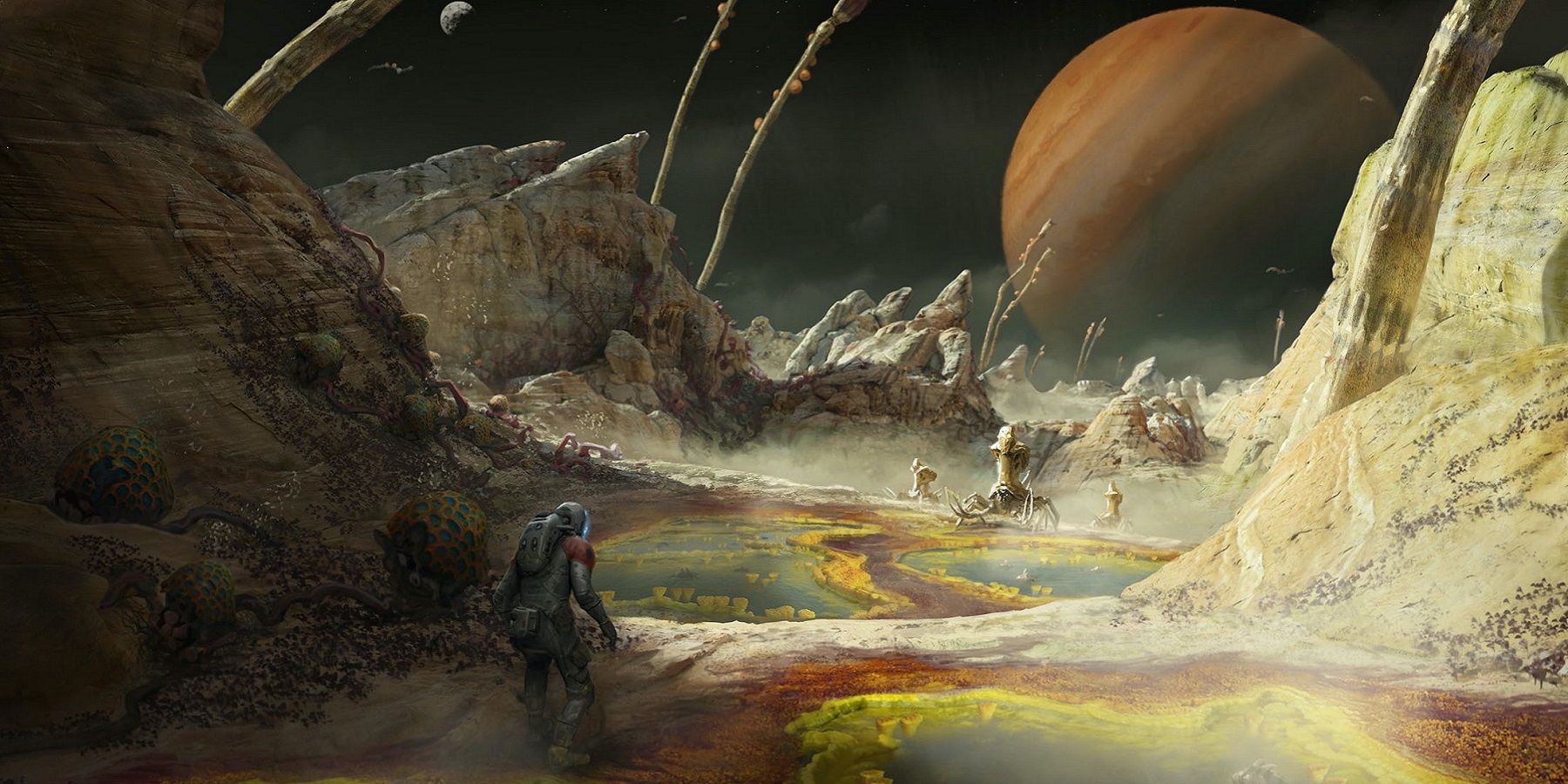 Art conceptuel de Starfield montrant un astronaute sur une planète aride.