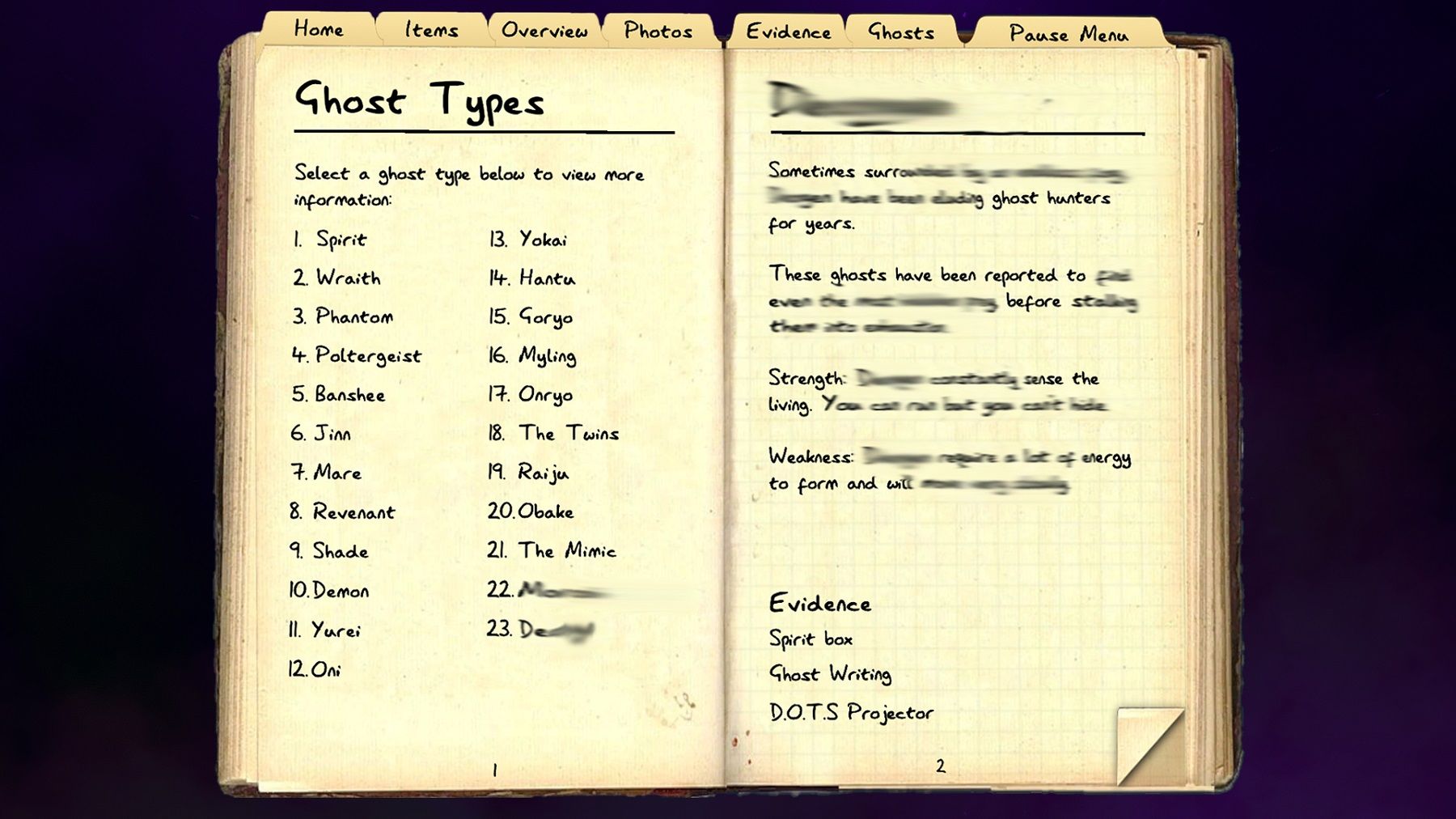 Image du journal Phasmophobia montrant la liste actuelle des fantômes.