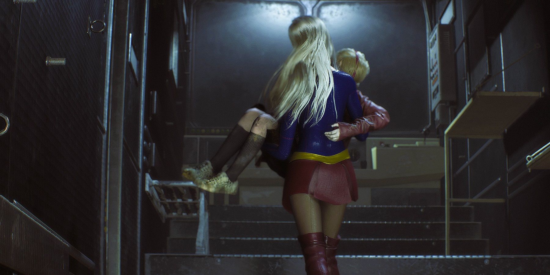 Image de Resident Evil 2 Remake montrant Supergirl portant Sherry Birkin.