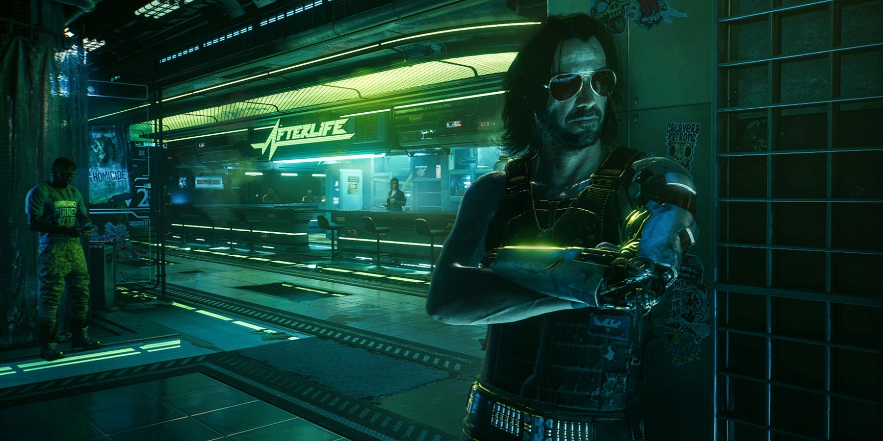 Image de Cyberpunk 2077 montrant Johnny Silverhand appuyé sur un mur dans la boîte de nuit Afterlife.