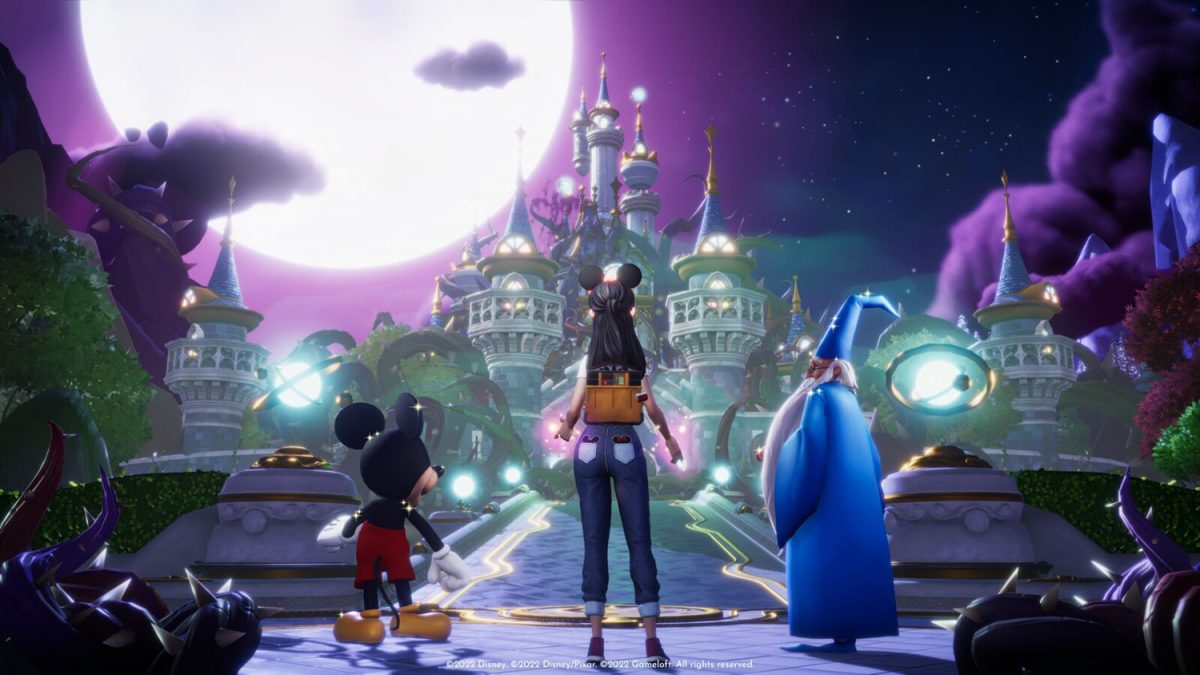 Les personnages de Disney Dreamlight Valley regardent devant un château.