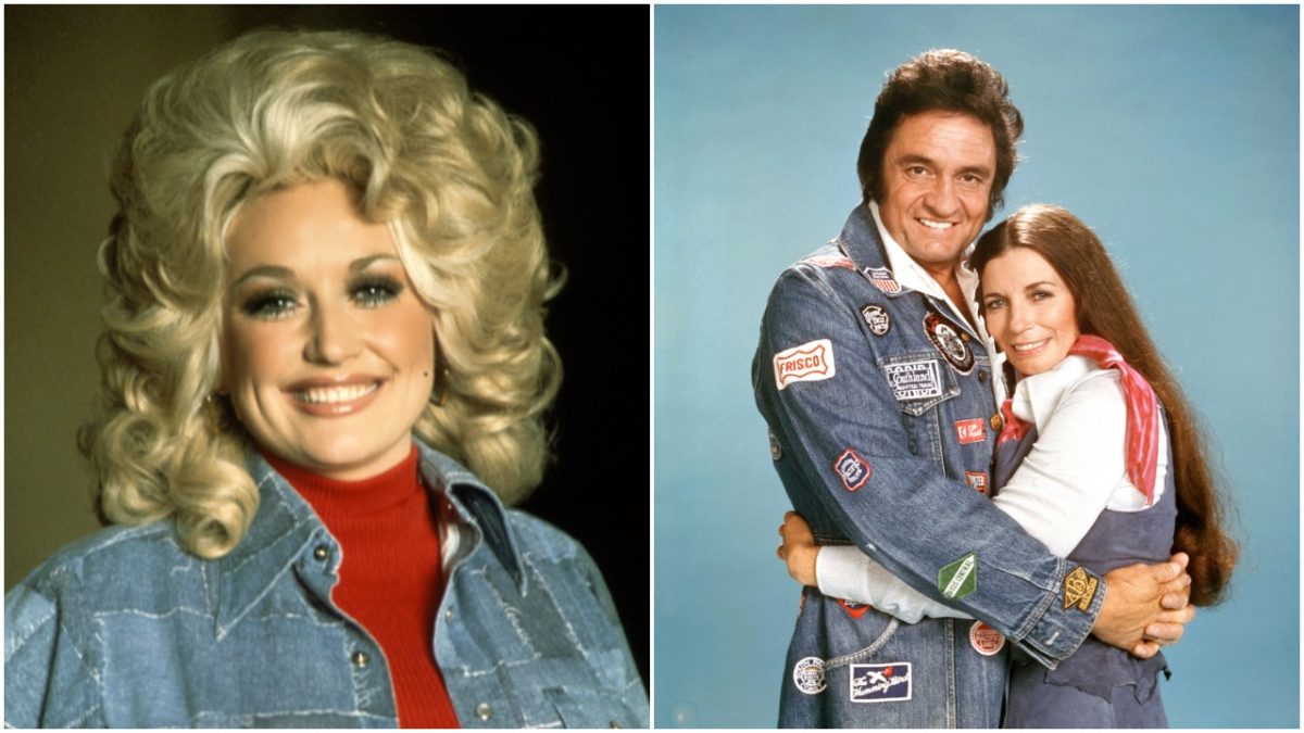 Dolly Parton porte un col roulé rouge et une chemise en jean. Johnny Cash et June Carter Cash portent tous les deux du denim et s'embrassent.