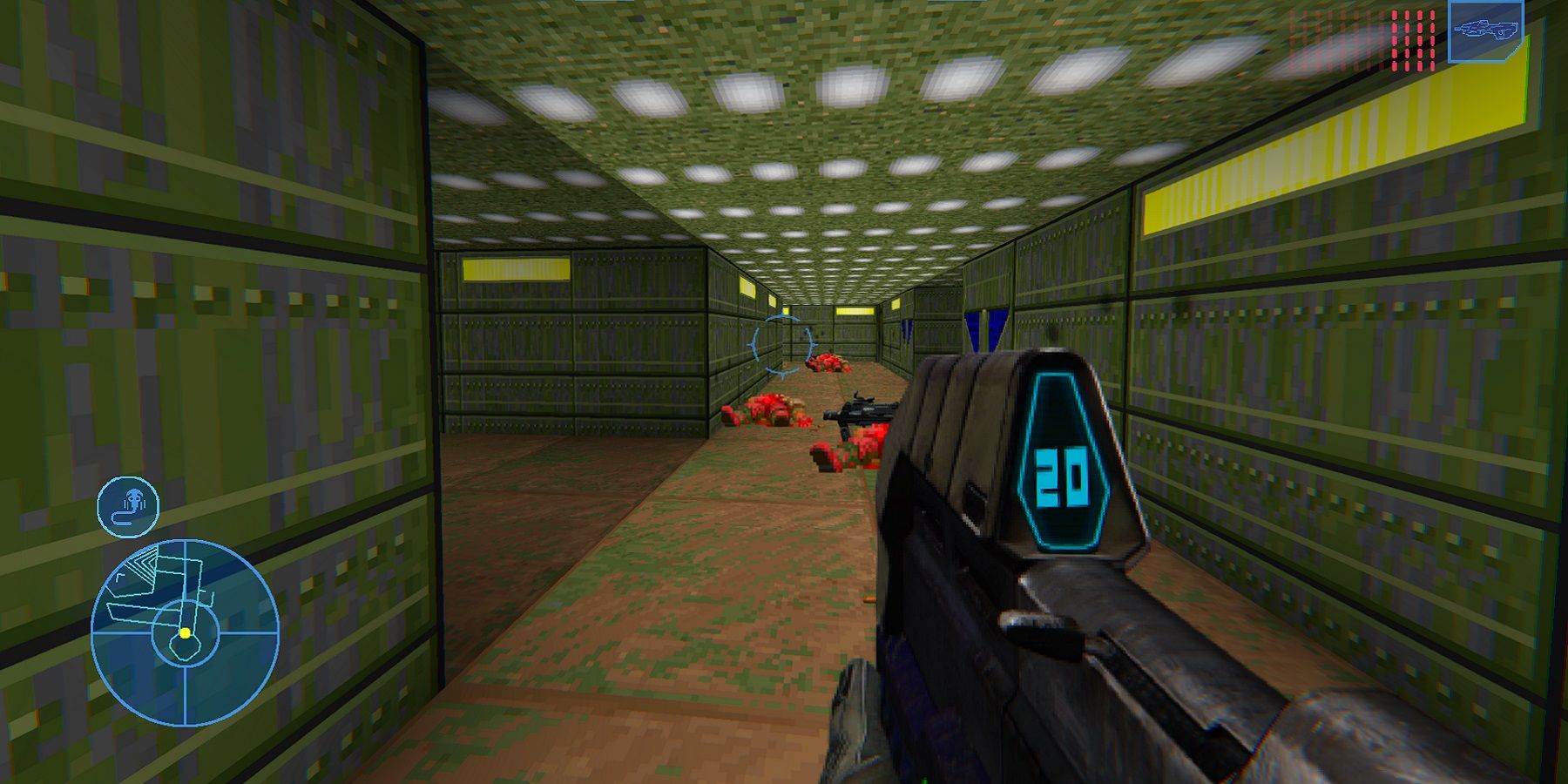 Capture d'écran d'un mod qui représente un couloir Doom avec une arme Halo.