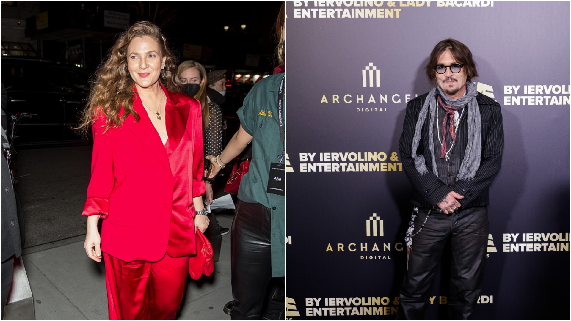Drew Barrymore porte tout en rouge et est repéré dans la rue.  Johnny Depp sourit à une étape de l'événement et répète. 