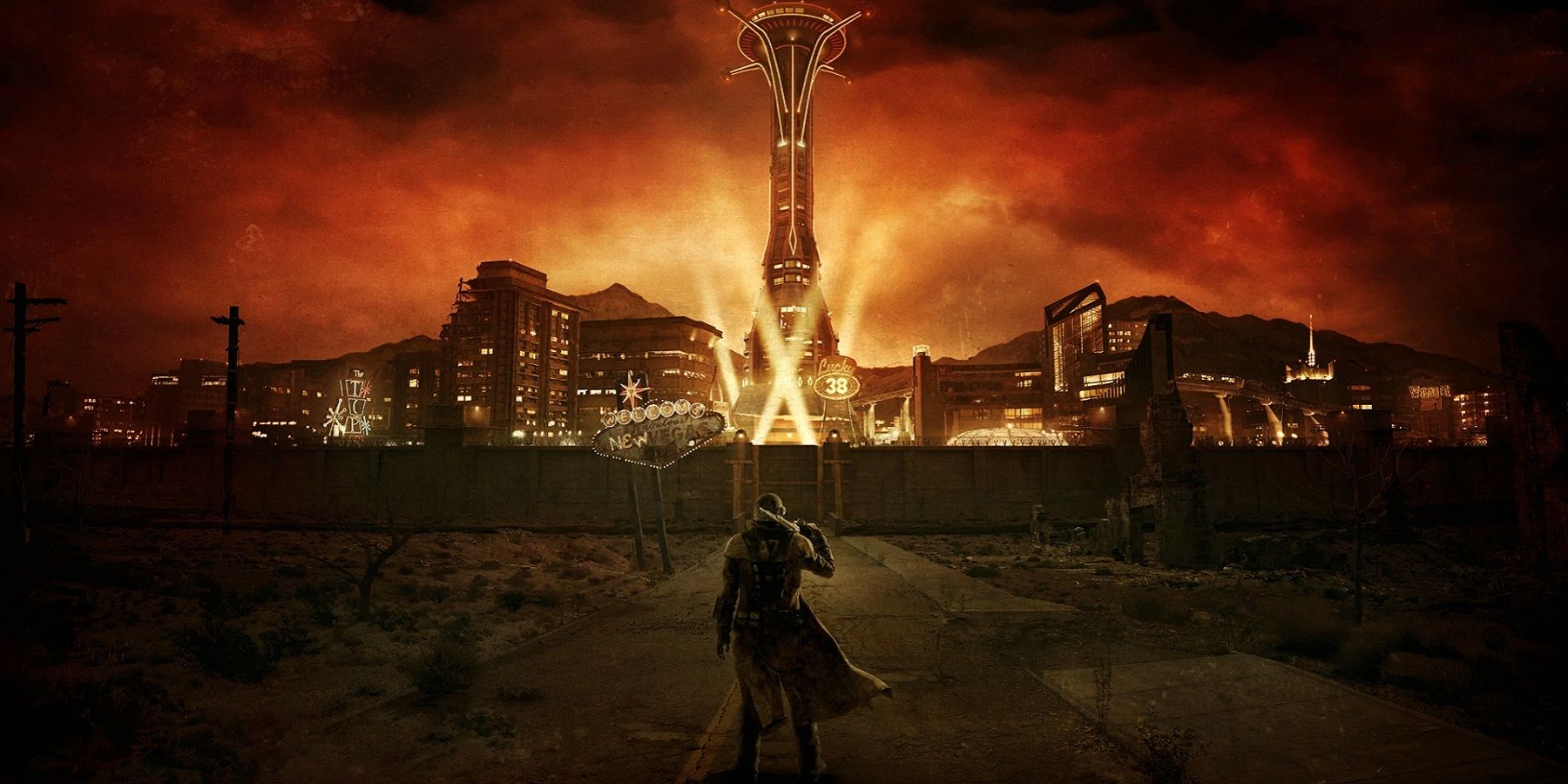 Image de Fallout: New Vegas montrant le Courier devant le Strip titulaire.