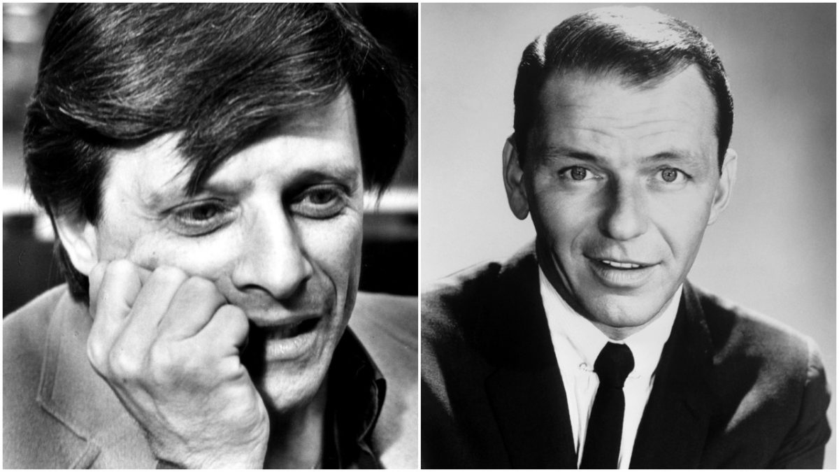 Une photo en noir et blanc de Harlan Ellison avec son menton appuyé sur sa main. Frank Sinatra porte un costume.