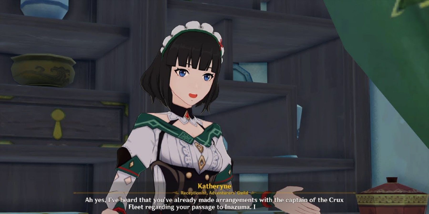 Katheryne de Genshin Impact parlant au joueur derrière son bureau à la guilde des aventuriers.