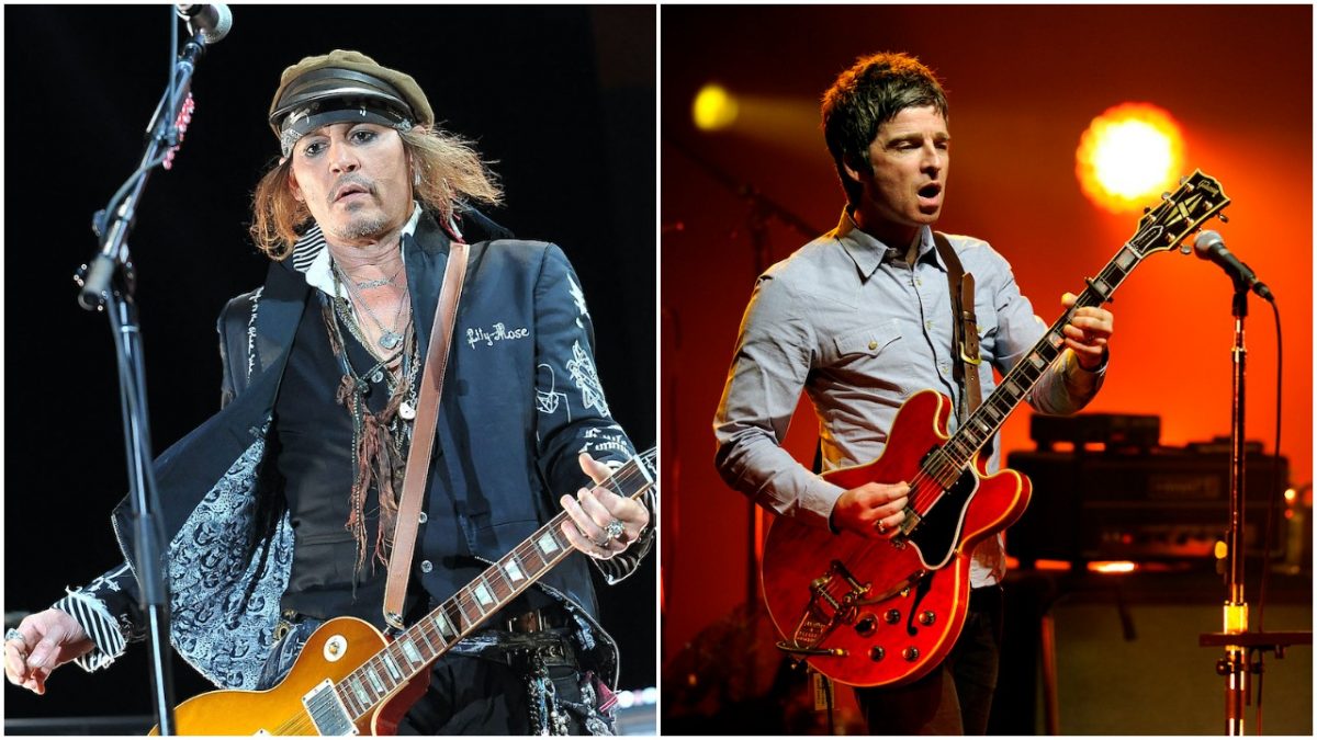 Johnny Depp joue avec Hollywood Vampires en 2018 ;  Noel Gallagher d'Oasis se produit en Australie en 2012. Depp a joué de la guitare pour Oasis sur un album alors que Gallagher ne le pouvait pas.