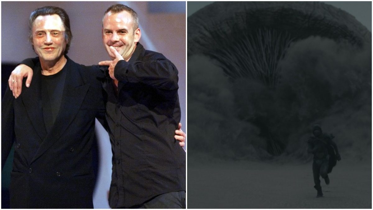 Christopher Walken (à gauche) et Fatboy Slim aux MTV Video Music Awards 2001 ;  un ver de sable surgit du sol dans 
