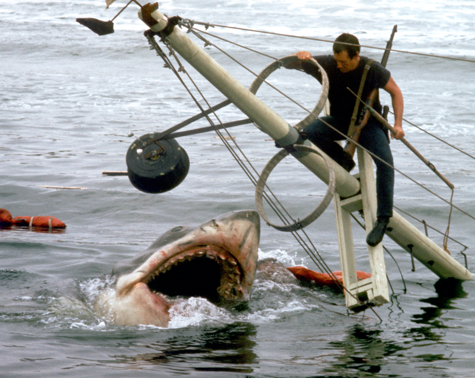 Roy Scheider repousse un requin assoiffé de sang tout en se tenant en équilibre sur la pointe d'un bateau qui coule