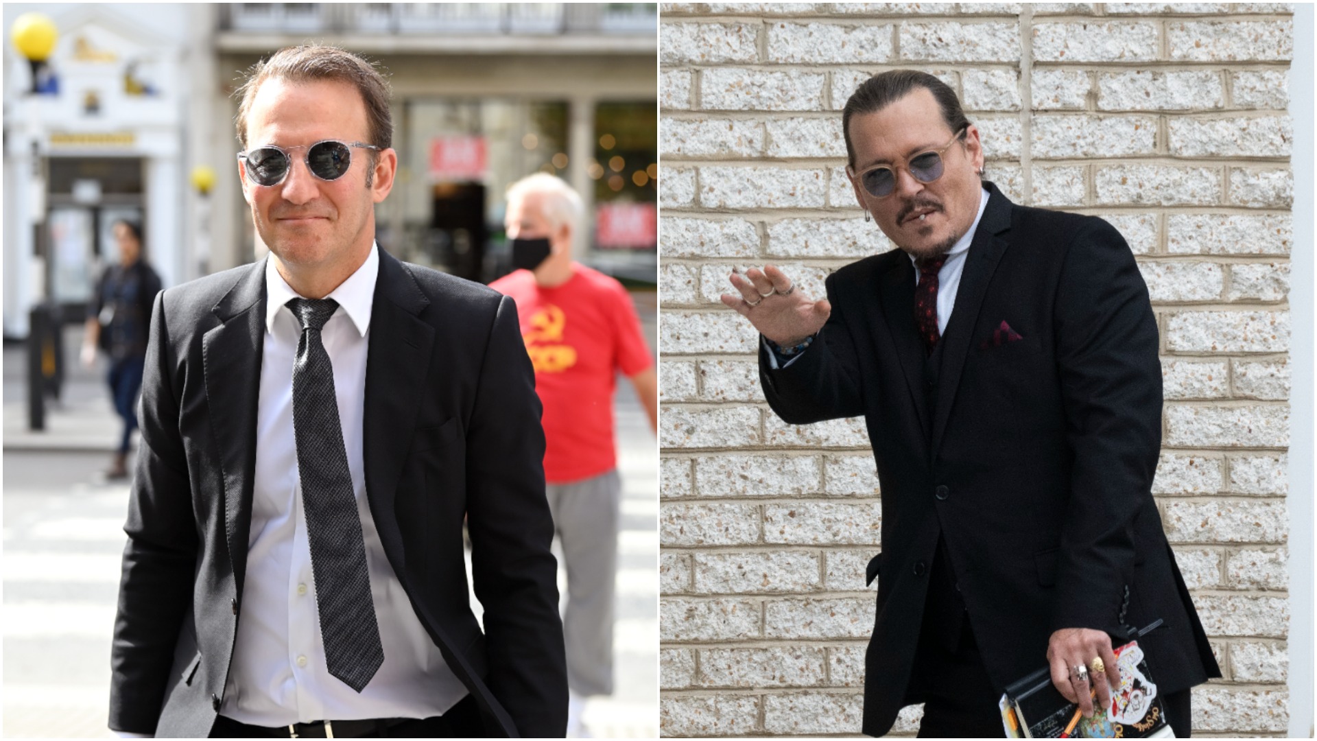Adam Waldman et Johnny Depp sont photographiés en dehors du tribunal dans différentes affaires. 