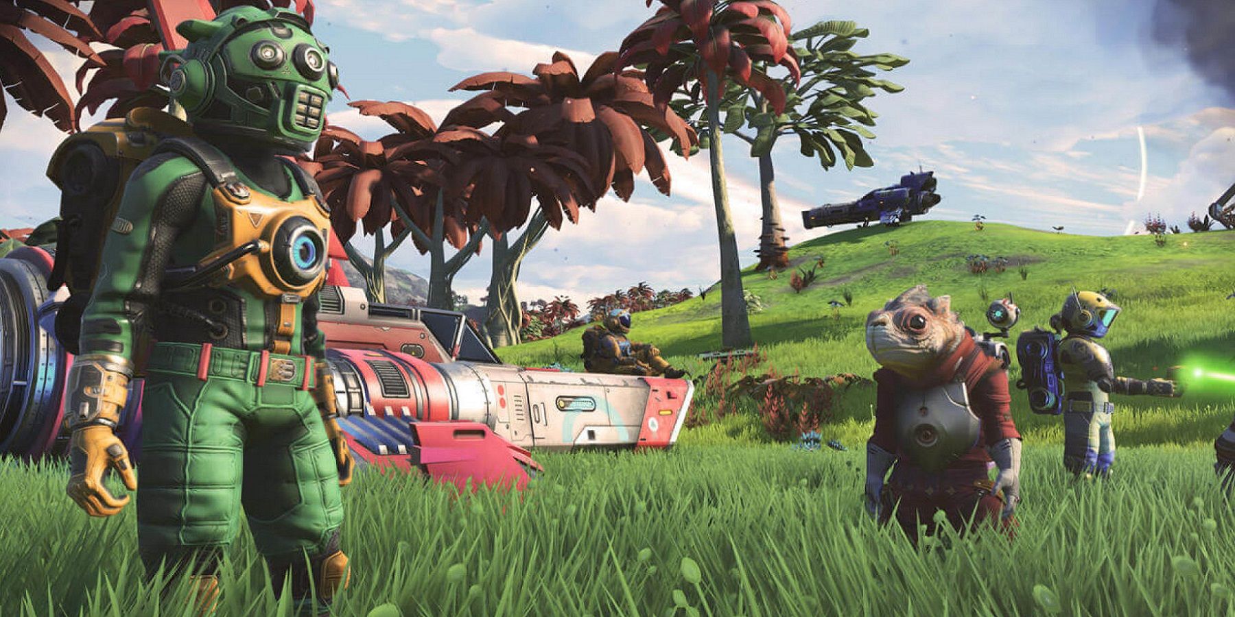 Image de No Man's Sky montrant du Korvax et du Gek sur un joli champ vert.