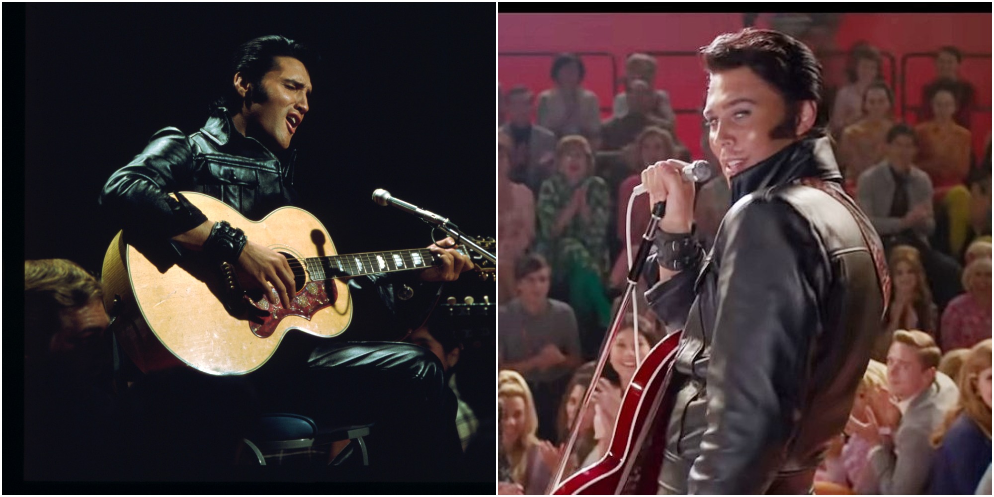 Elvis Presley et Austin Butler dans des photographies côte à côte.
