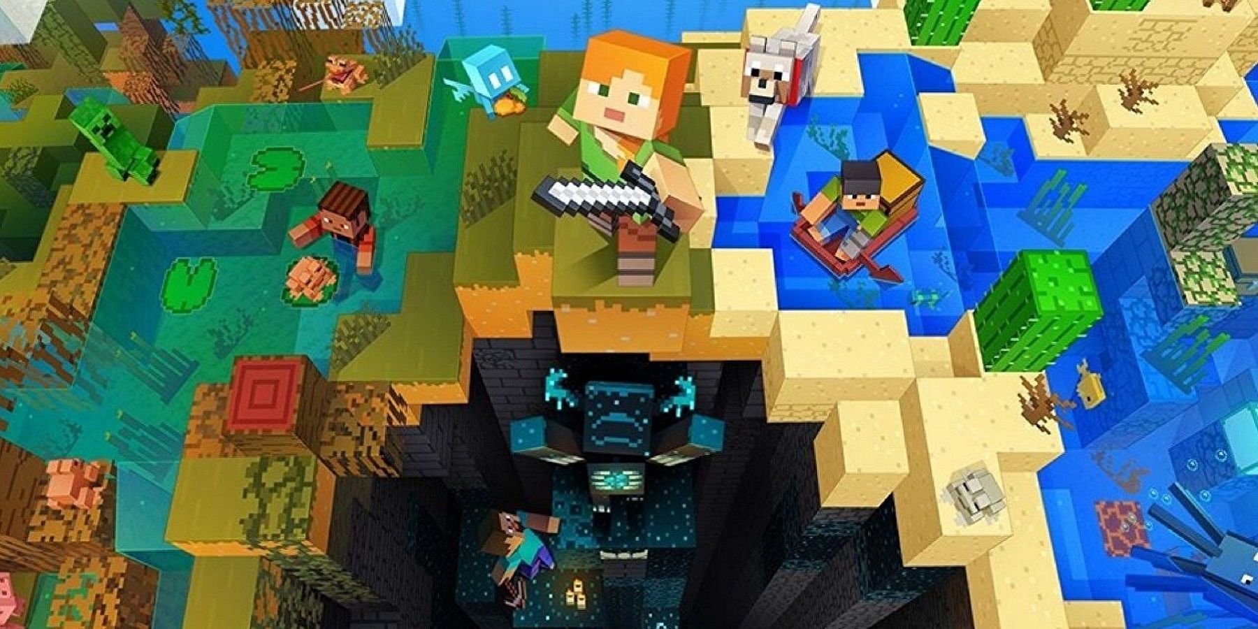 Image de Minecraft montrant une vue ci-dessus du monde extérieur et souterrain.